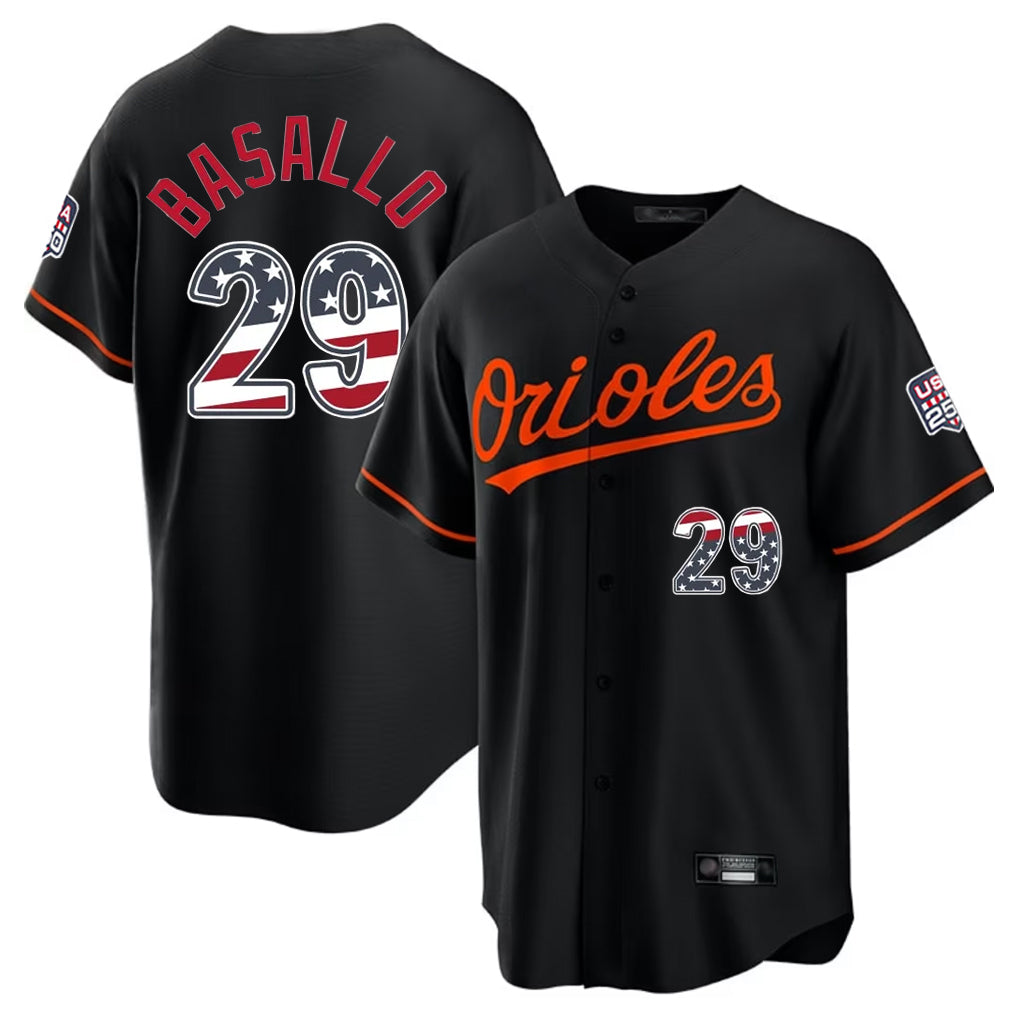 Baltimore Orioles #29 Samuel Basallo Player Black USA 250 Fourth of July Home Game Stitched Baseball Jersey
