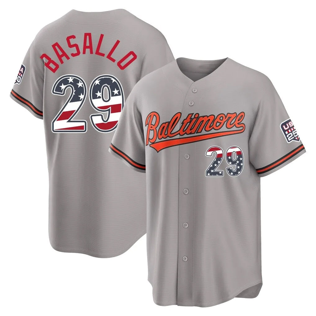 Baltimore Orioles #29 Samuel Basallo Player Gray USA 250 Fourth of July Home Game Stitched Baseball Jersey