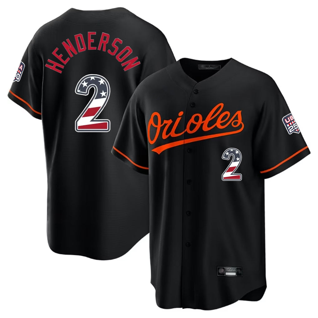 Baltimore Orioles #2 Gunnar Henderson Player Black USA 250 Fourth of July Home Game Stitched Baseball Jersey