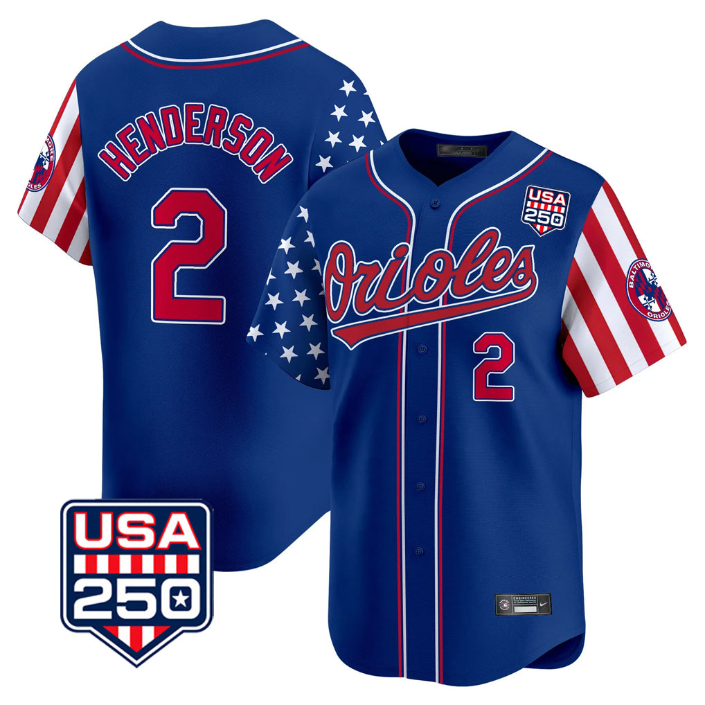 Baltimore Orioles #2 Gunnar Henderson Player Royal USA 250 Independence Day Vapor Premier Limited Home Game Stitched Baseball Jersey