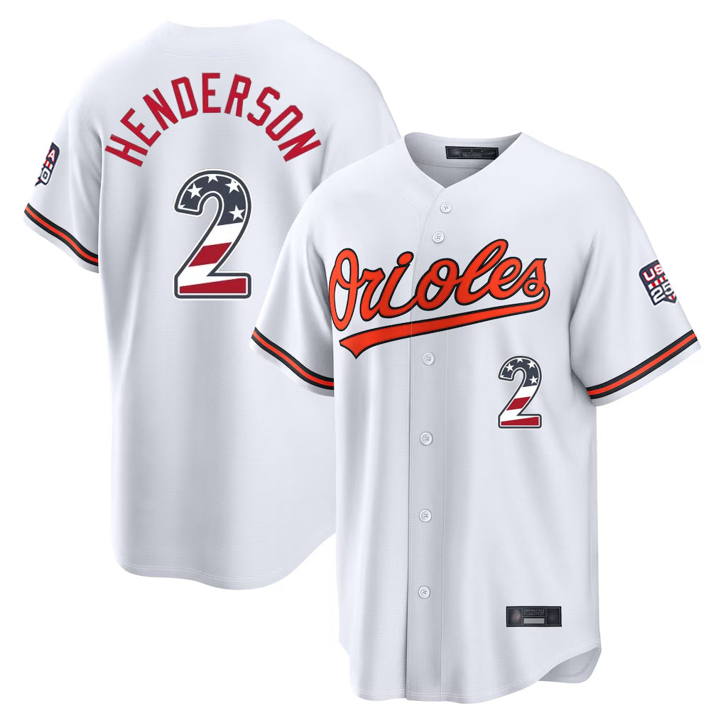 Baltimore Orioles #2 Gunnar Henderson Player White USA 250 Fourth of July Home Game Stitched Baseball Jersey