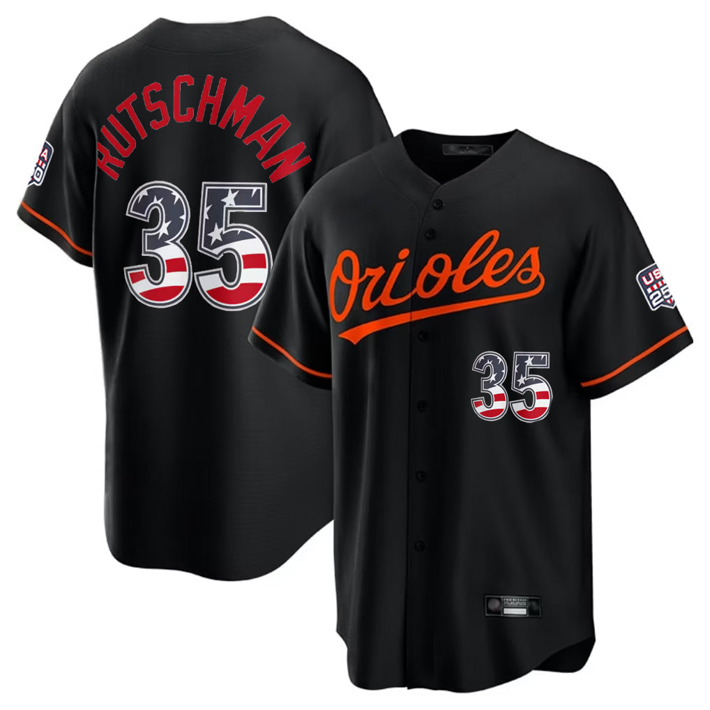 Baltimore Orioles #35 Adley Rutschman Player Black USA 250 Fourth of July Home Game Stitched Baseball Jersey