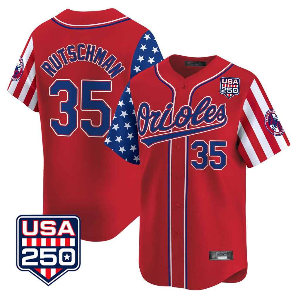 Baltimore Orioles #35 Adley Rutschman Player Red USA 250 Independence Day Vapor Premier Limited Home Game Stitched Baseball Jersey