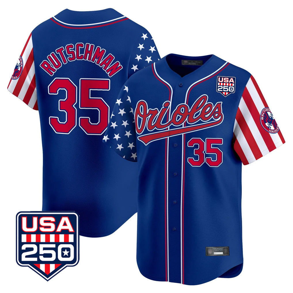 Baltimore Orioles #35 Adley Rutschman Player Royal USA 250 Independence Day Vapor Premier Limited Home Game Stitched Baseball Jersey