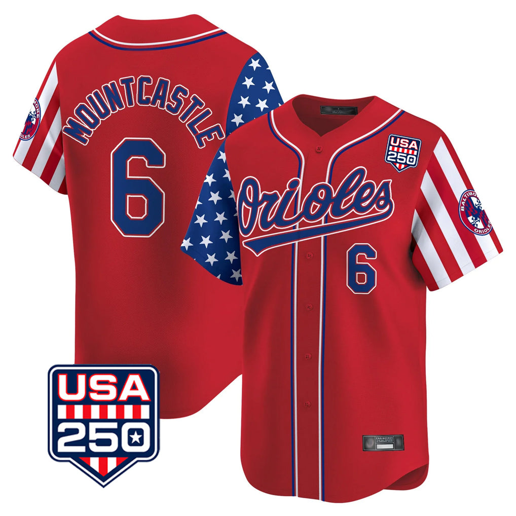 Baltimore Orioles #6 Ryan Mountcastle Player Red USA 250 Independence Day Vapor Premier Limited Home Game Stitched Baseball Jersey