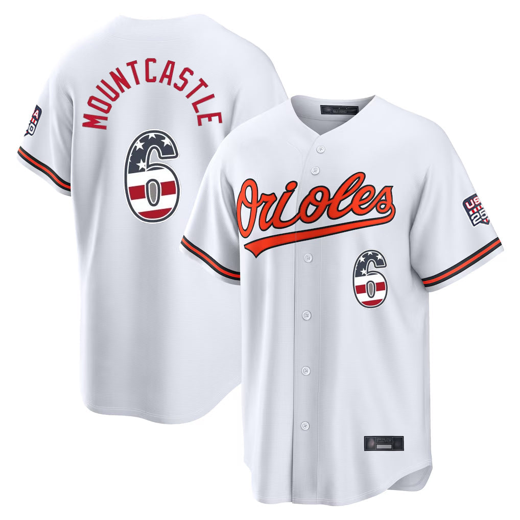 Baltimore Orioles #6 Ryan Mountcastle Player White USA 250 Fourth of July Home Game Stitched Baseball Jersey