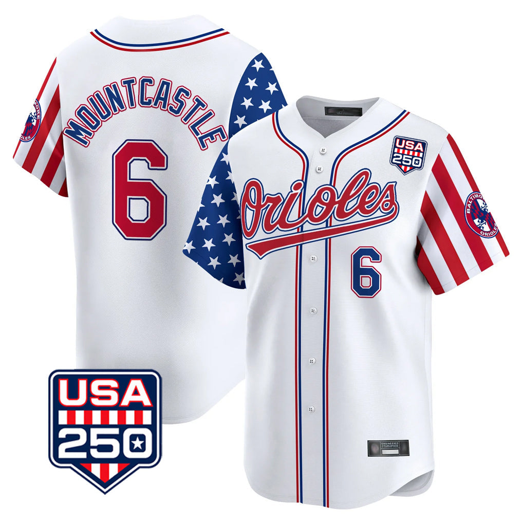 Baltimore Orioles #6 Ryan Mountcastle Player White USA 250 Independence Day Vapor Premier Home Game Stitched Baseball Jersey