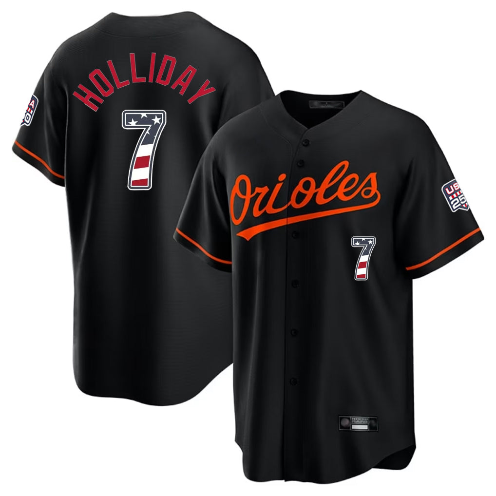 Baltimore Orioles #7 Jackson Holliday Player Black USA 250 Fourth of July Home Game Stitched Baseball Jersey