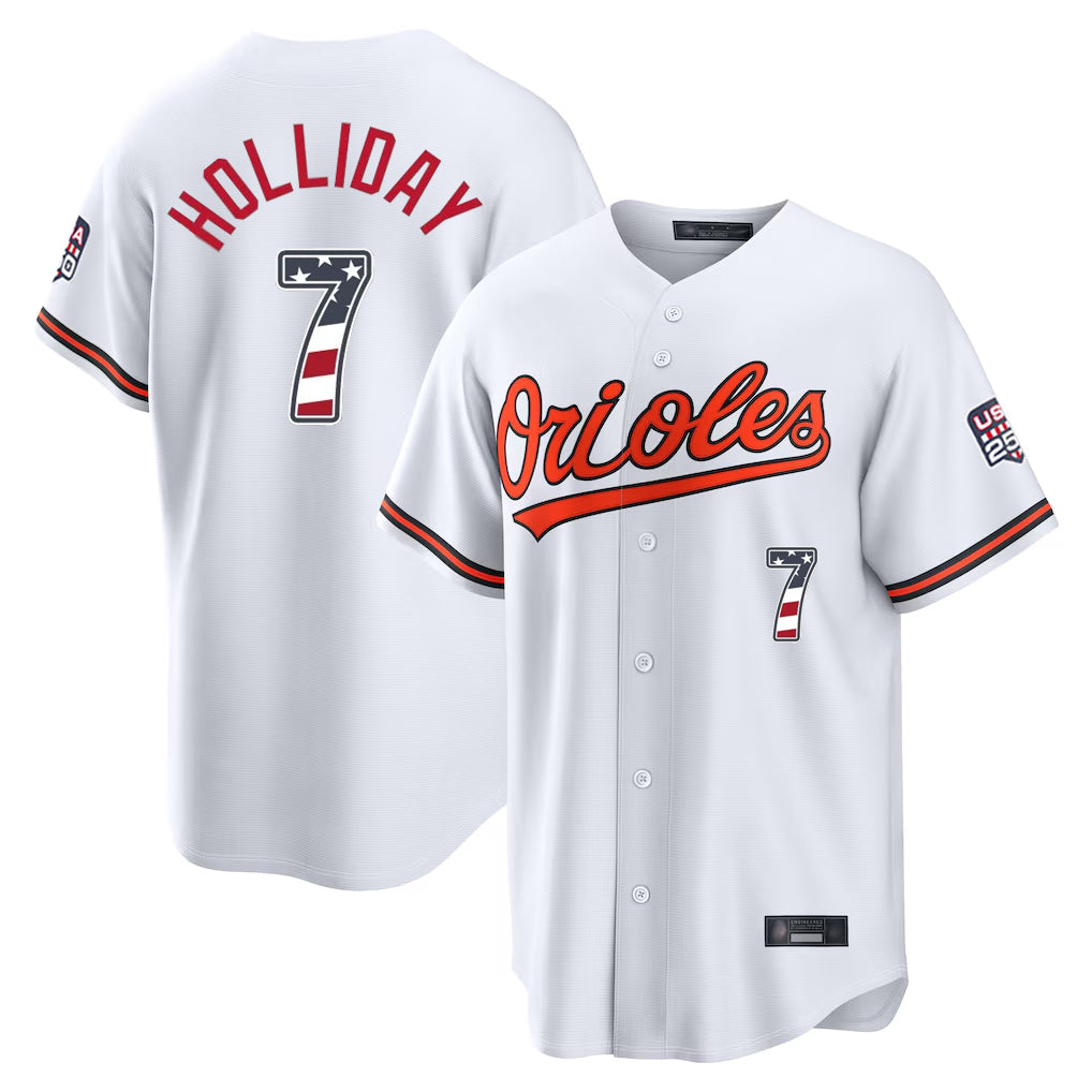 Baltimore Orioles #7 Jackson Holliday Player White USA 250 Fourth of July Home Game Stitched Baseball Jersey