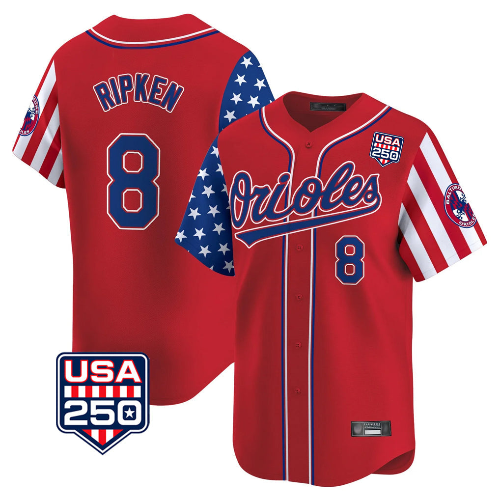Baltimore Orioles #8 Cal Ripken Player Red USA 250 Independence Day Vapor Premier Limited Home Game Stitched Baseball Jersey