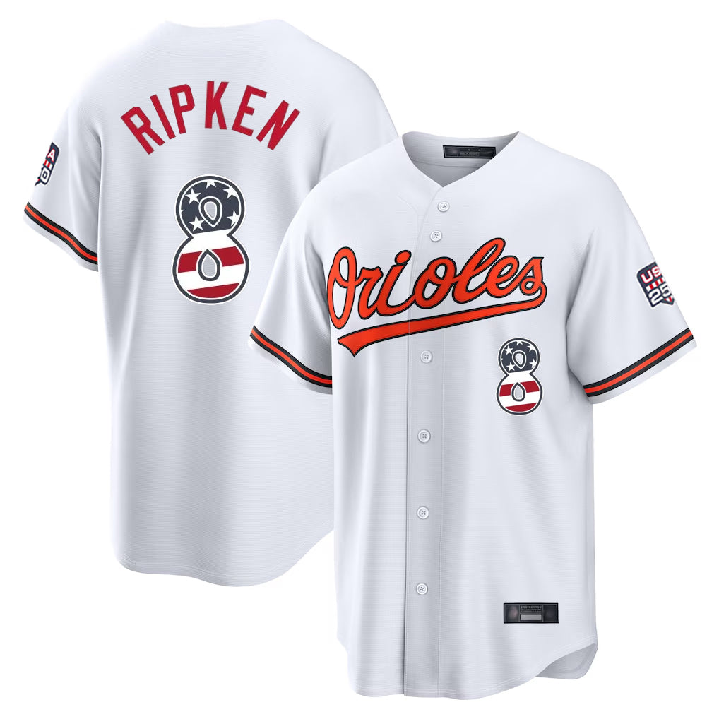 Baltimore Orioles #8 Cal Ripken Player White USA 250 Fourth of July Home Game Stitched Baseball Jersey