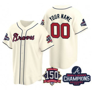 Custom Atlanta Braves Cream Active Player 2021 World Series Chimpions With 150th Anniversary Cool Base Stitched Baseball Jersey