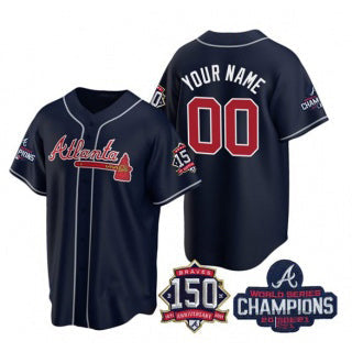 Custom Atlanta Braves Navy Active Player 2021 World Series Chimpions With 150th Anniversary Cool Base Stitched Baseball Jersey