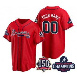 Custom Atlanta Braves Red Active Player 2021 World Series Chimpions With 150th Anniversary Cool Base Stitched Baseball Jersey