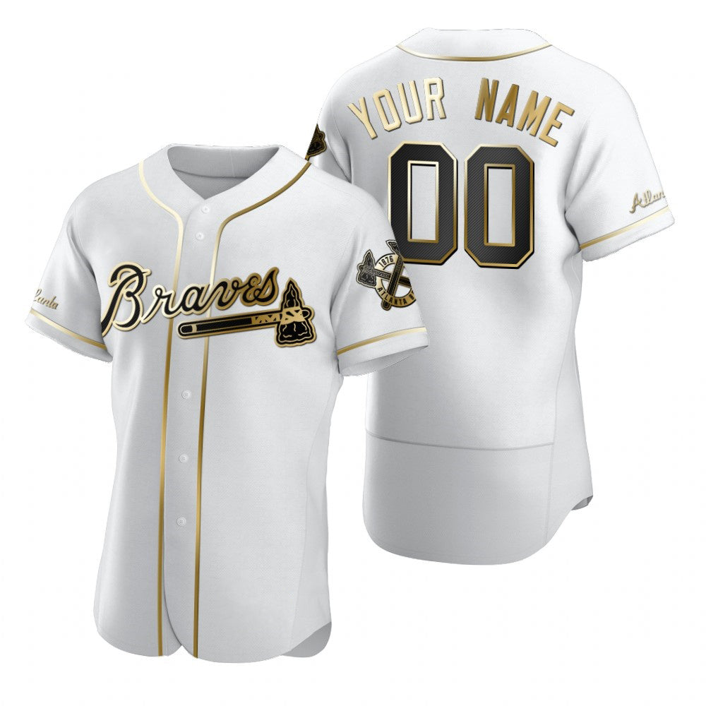 Custom Atlanta Braves White Stitched Flex Base Golden Edition Baseball Jersey