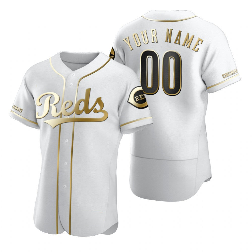 Custom Cincinnati Reds White Stitched Flex Base Golden Edition Baseball Jersey