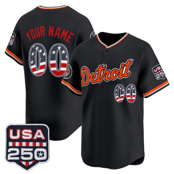 Custom Detroit Tigers Black USA 250 Fourth of July Vapor Premier Limited Jersey – All Stitched Baseball Jersey