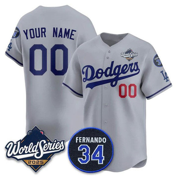 Custom Los Angeles Dodgers ACTIVE PLAYER Gray 2025 World Series With No. 34 Patch Limited Stitched Baseball Jersey HELVY