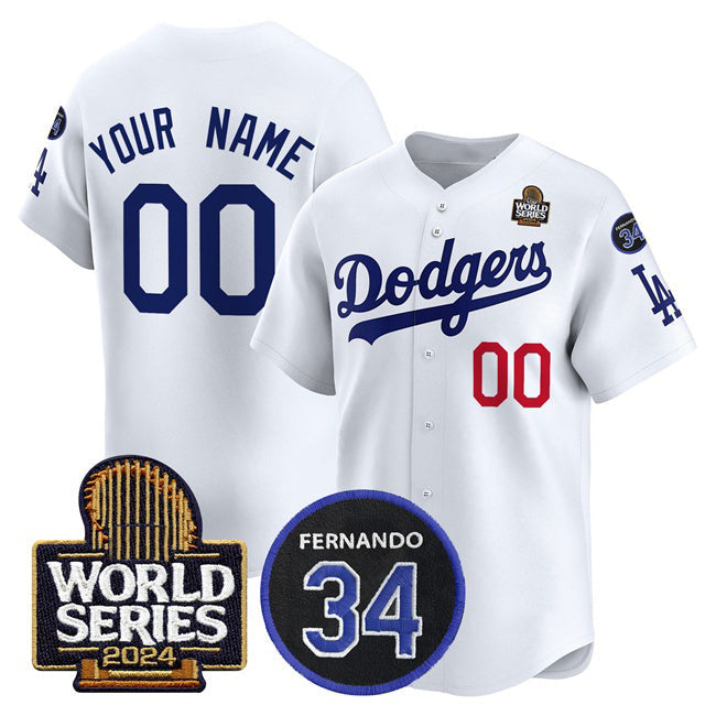 Custom Los Angeles Dodgers ACTIVE PLAYER White 2024 World Series With Fernando Memorial Patch Limited Stitched Baseball Jersey HELVY