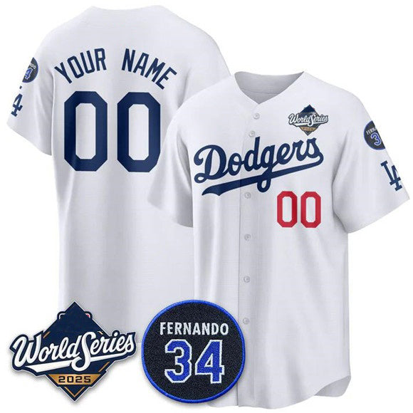 Custom Los Angeles Dodgers ACTIVE PLAYER White 2025 World Series With No. 34 Patch Limited Stitched Baseball Jersey HELVY