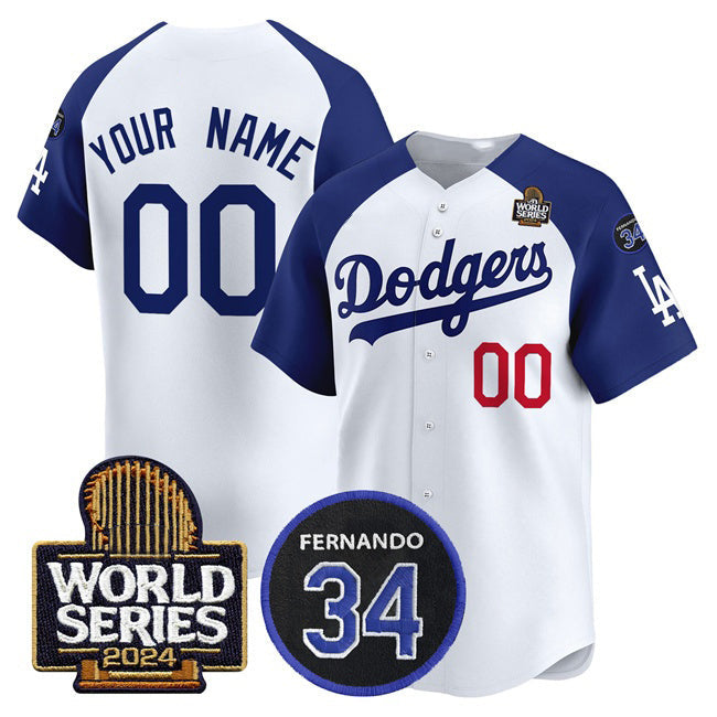 Custom Los Angeles Dodgers ACTIVE PLAYER White Royal 2024 World Series With Fernando Memorial Patch Limited Stitched Baseball Jersey HELVY