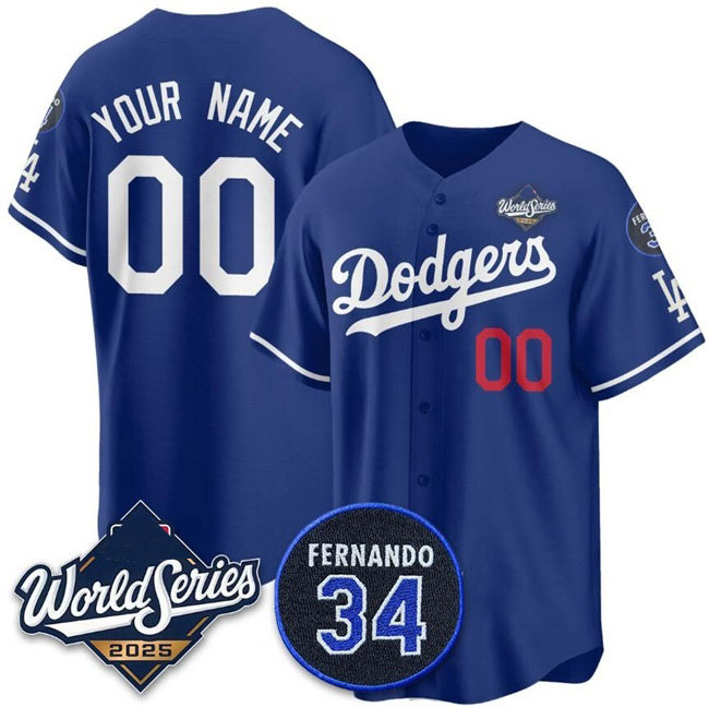 Custom Los Angeles Dodgers Active Player Royal 2025 World Series With No.34 Patch Limited Stitched Baseball Jersey HELVY