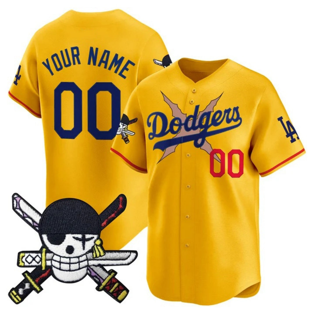 Custom Los Angeles Dodgers x One Piece Gold Zoro Patch Vapor Premier Limited Jersey - Stitched Baseball Jersey