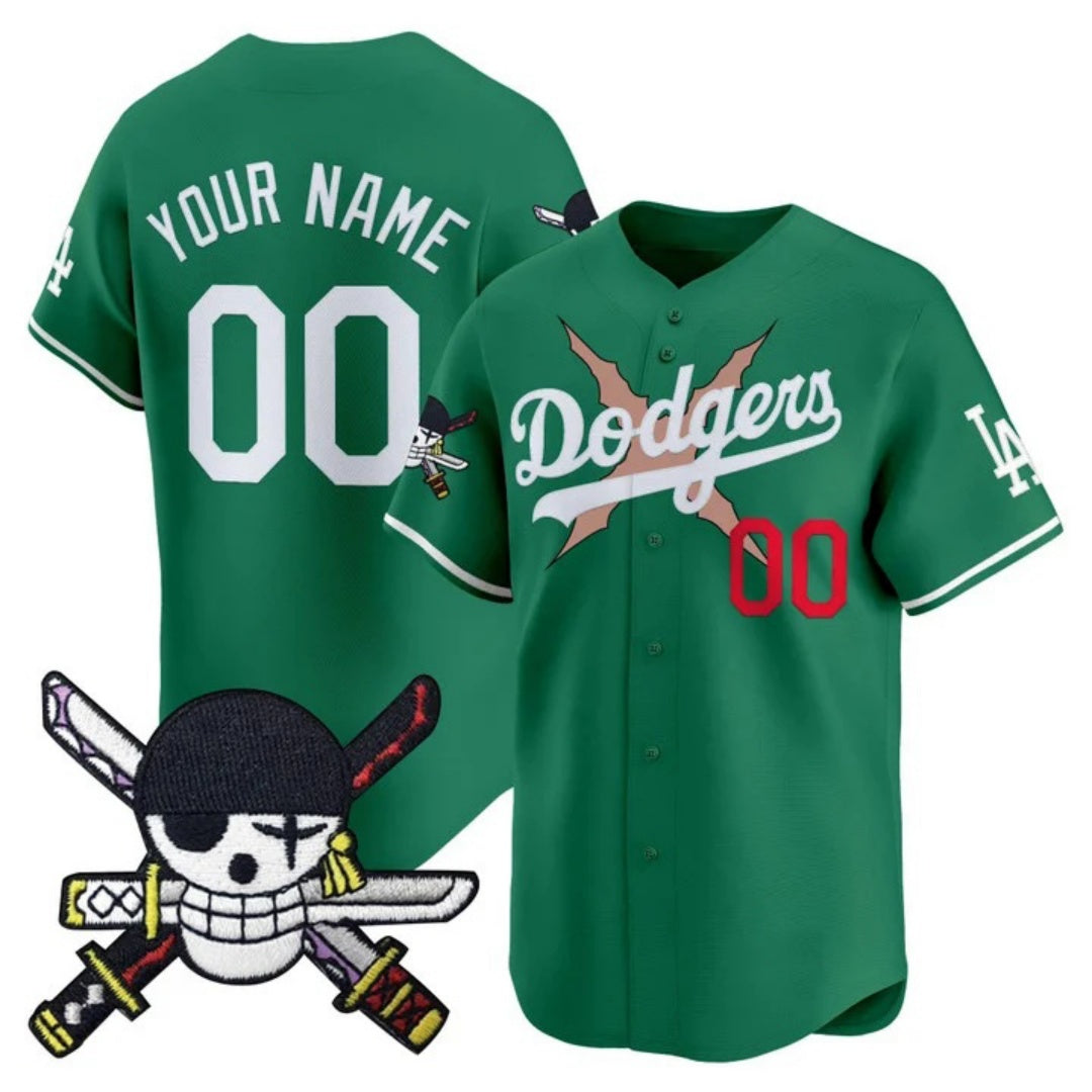 Custom Los Angeles Dodgers x One Piece Green Zoro Patch Vapor Premier Limited Jersey - Stitched Baseball Jersey