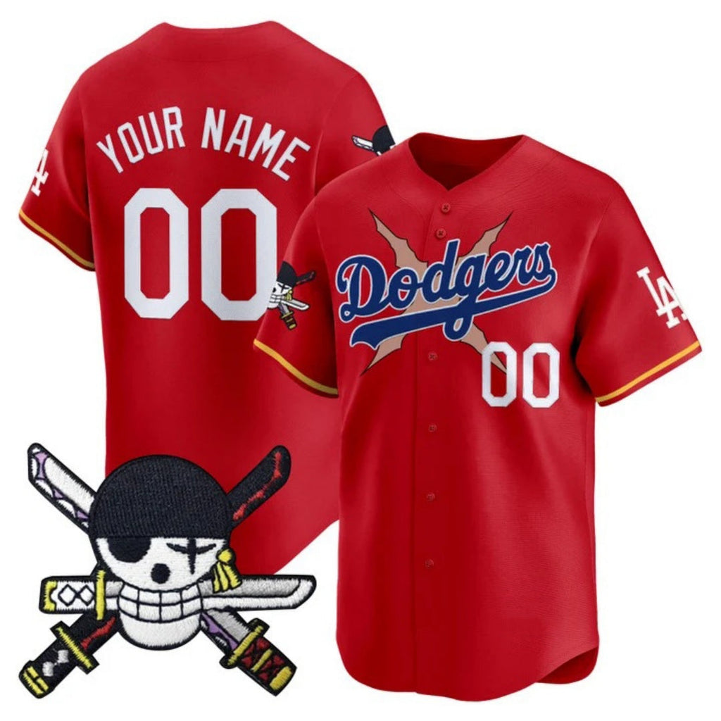 Custom Los Angeles Dodgers x One Piece Red Zoro Patch Vapor Premier Limited Jersey - Stitched Baseball Jersey