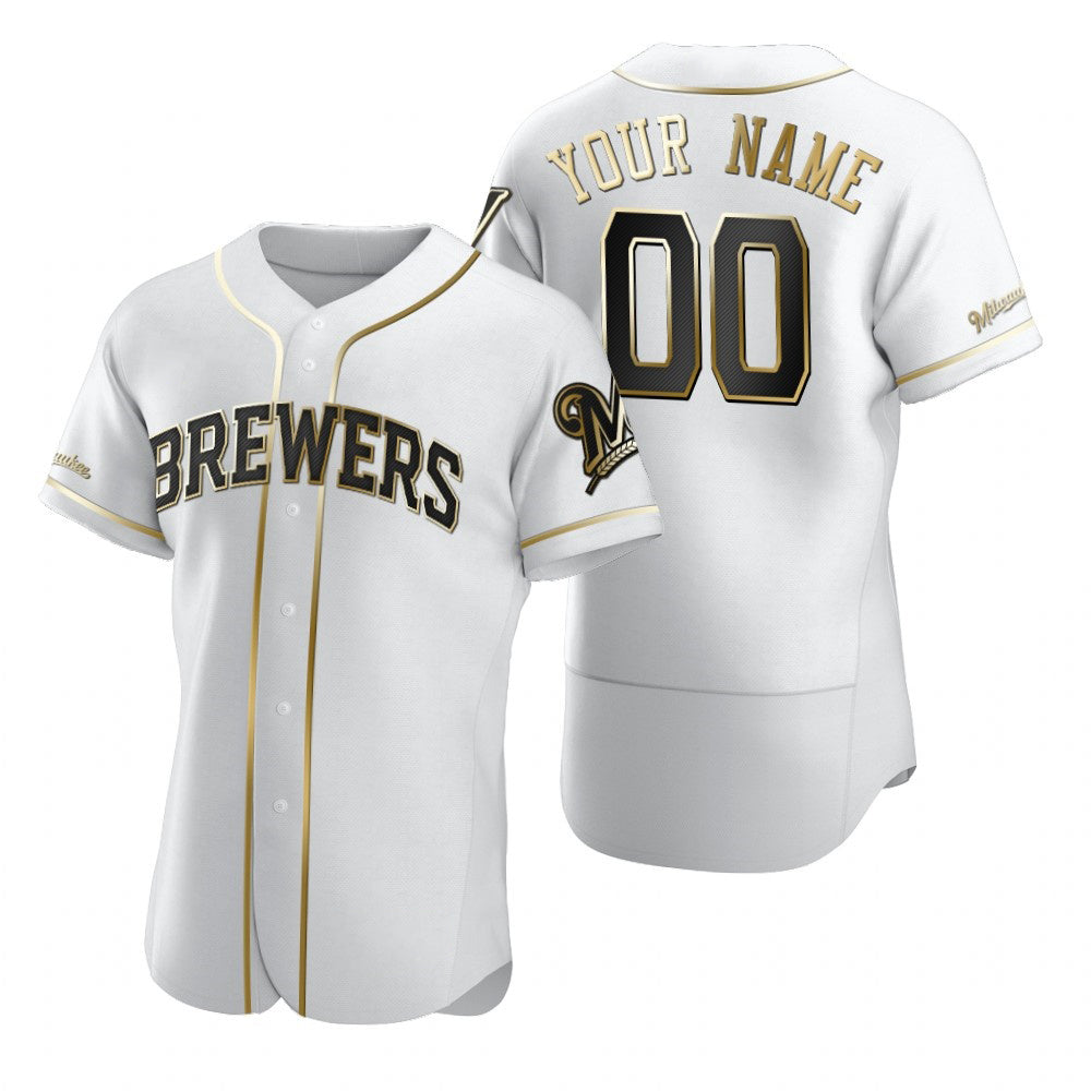 Custom Milwaukee Brewers White Stitched Flex Base Golden Edition Baseball Jersey