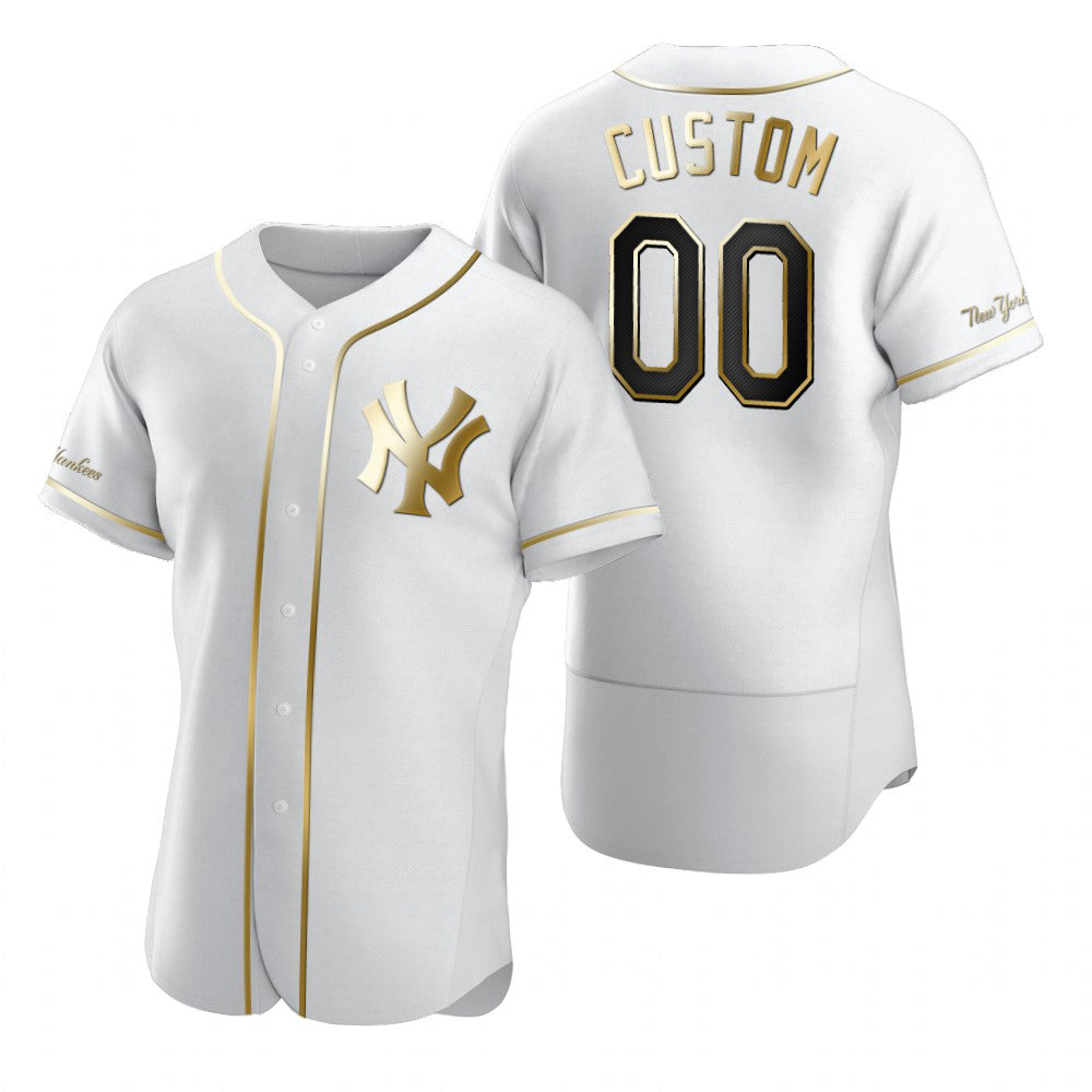 Custom New York Yankees White Stitched Flex Base Golden Edition Baseball Jersey HELVY