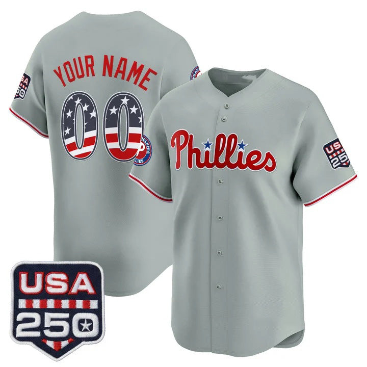 Custom Philadelphia Phillies Gray USA 250 Fourth of July Vapor Premier Limited Jersey - All Stitched Baseball Jersey