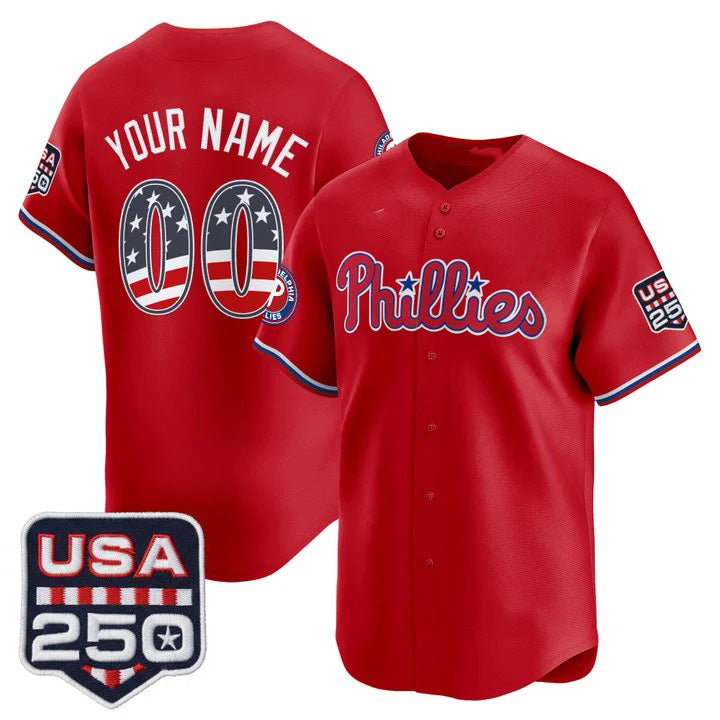 Custom Philadelphia Phillies Red USA 250 Fourth of July Vapor Premier Limited Jersey - All Stitched Baseball Jersey