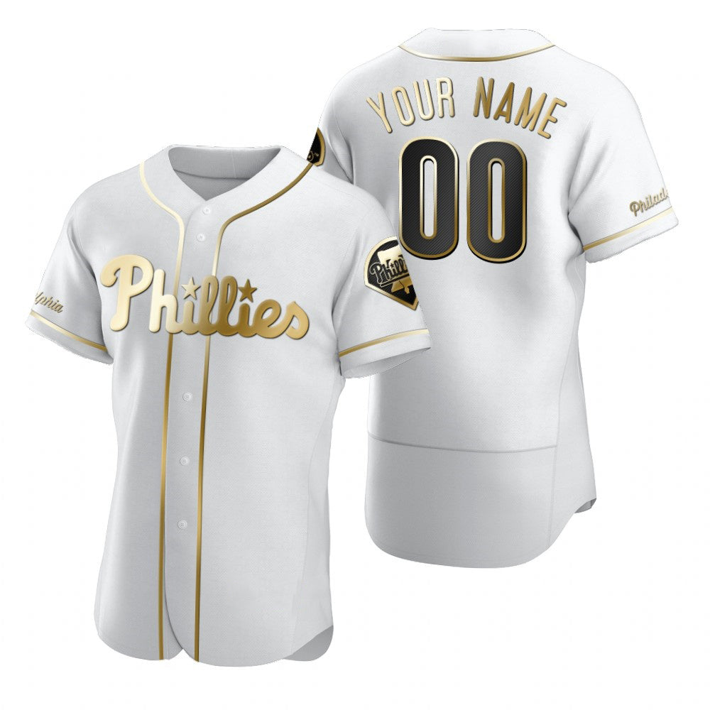 Custom Philadelphia Phillies White Stitched Flex Base Golden Edition Baseball Jersey