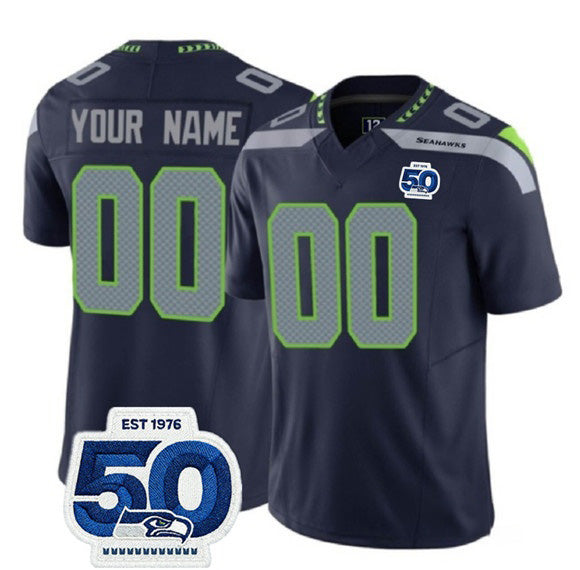 Custom S.Seahawks Active Player Navy 2025 F.U.S.E. 50th Anniversary Patch Vapor Limited Stitched Jersey
