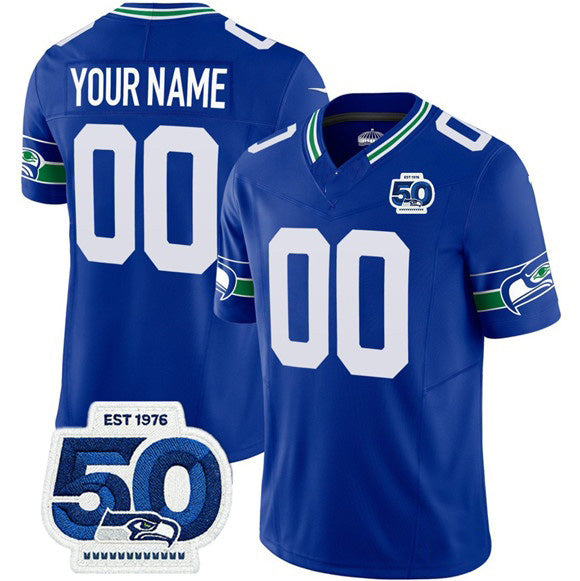 Custom S.Seahawks Active Player Royal 2025 F.U.S.E 50th Anniversary Patch Throwback Vapor Limited Stitched Jersey