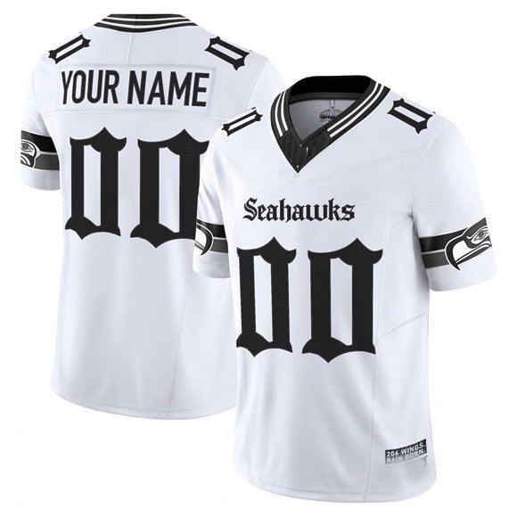 Custom S.Seahawks Active Player White 2025 F.U.S.E. 'Gothic Rain City Shadows Edition' Vapor Limited Stitched Jersey