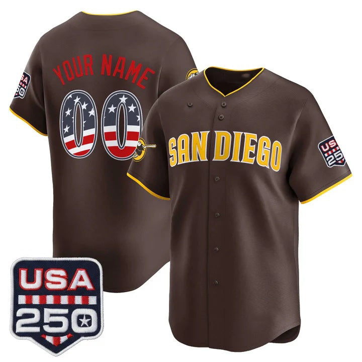 Custom San Diego Padres Brown USA 250 Fourth of July Vapor Premier Limited Jersey - All Stitched Baseball Jersey