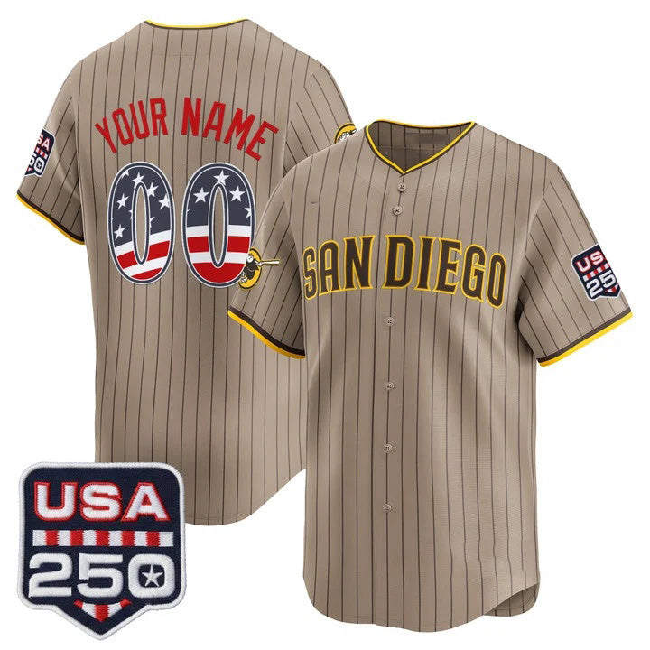 Custom San Diego Padres Khaki USA 250 Fourth of July Vapor Premier Limited Jersey - All Stitched Baseball Jersey