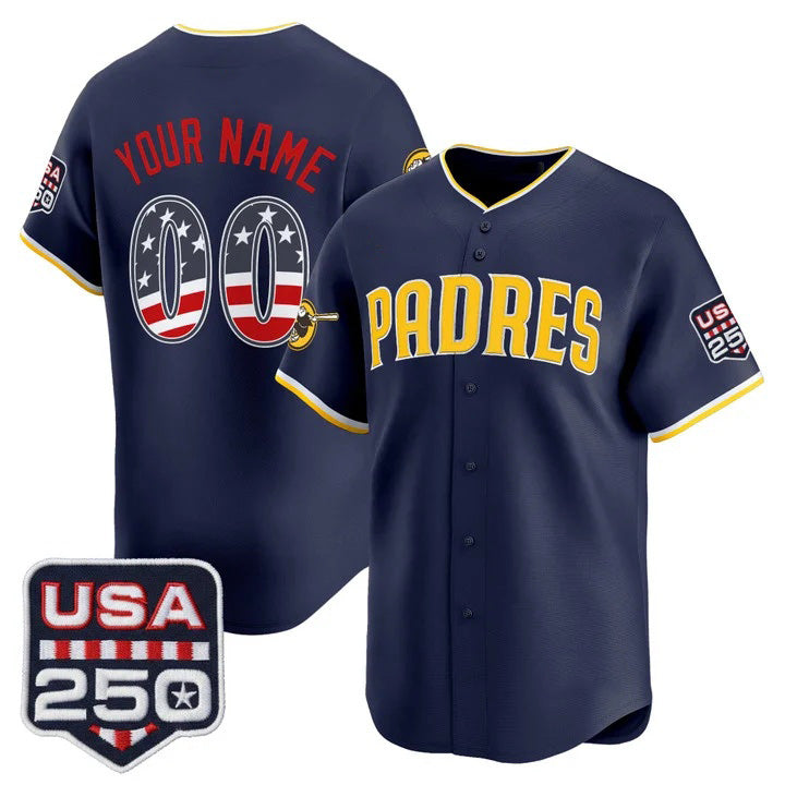Custom San Diego Padres Navy USA 250 Fourth of July Vapor Premier Limited Jersey - All Stitched Baseball Jersey