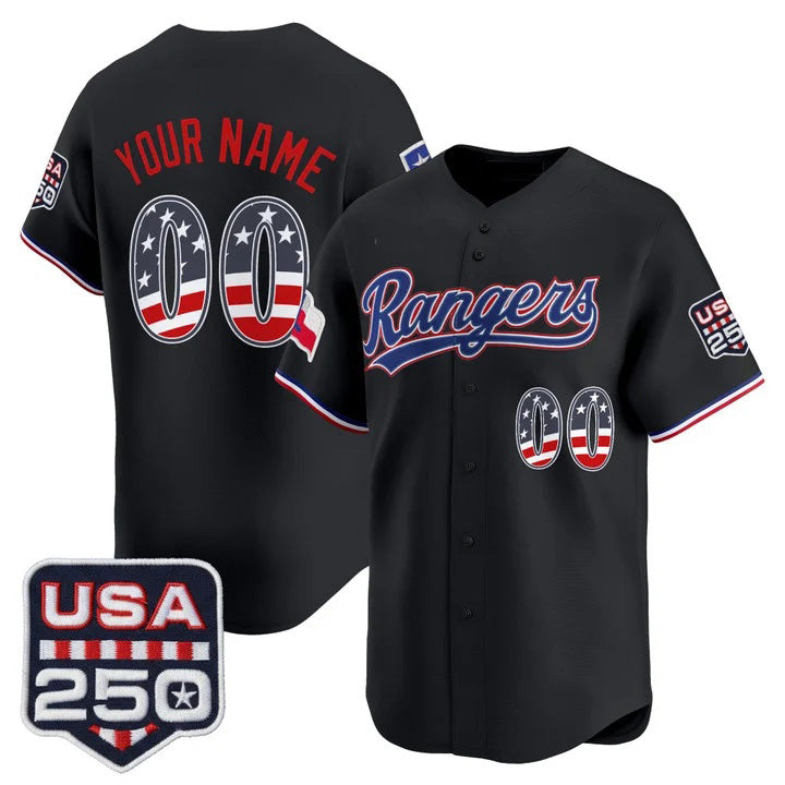 Custom Texas Rangers Black USA 250 Fourth of July Vapor Premier Limited Jersey - All Stitched Baseball Jersey