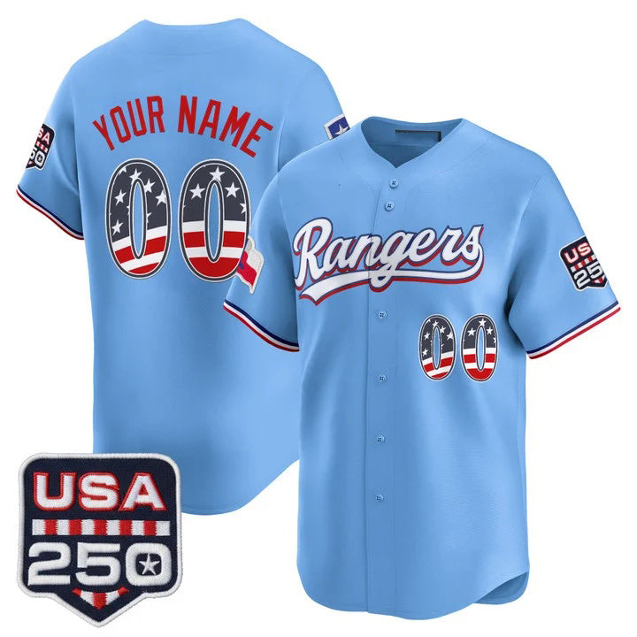 Custom Texas Rangers Blue USA 250 Fourth of July Vapor Premier Limited Jersey - All Stitched Baseball Jersey
