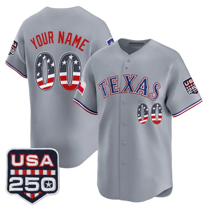 Custom Texas Rangers Gray USA 250 Fourth of July Vapor Premier Limited Jersey - All Stitched Baseball Jersey