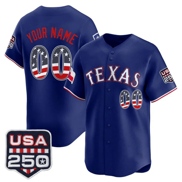 Custom Texas Rangers Royal USA 250 Fourth of July Vapor Premier Limited Jersey - All Stitched Baseball Jersey