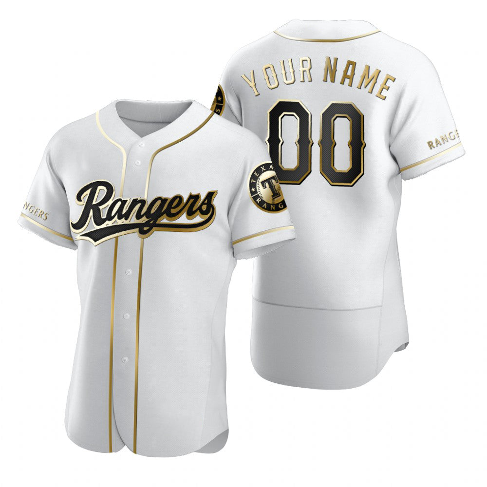 Custom Texas Rangers White Stitched Flex Base Golden Edition Baseball Jersey
