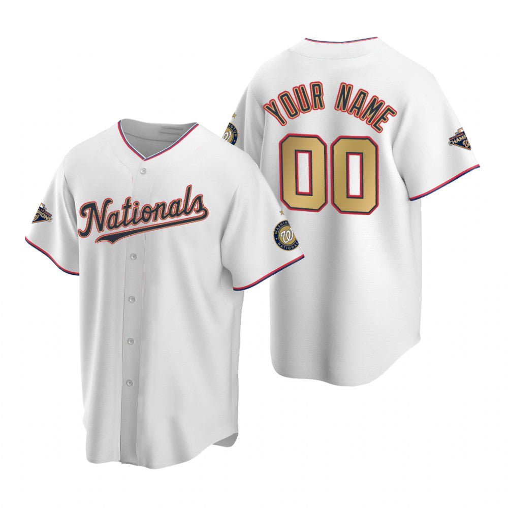 Custom Washington Nationals White Gold 2019 World Series Champions Stitched Cool Baseball Jersey