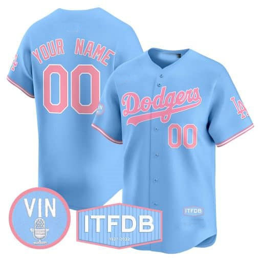Dodgers Vin ITFDB Patch Bubblegum Pink Vapor Premier Limited Custom Jersey – Blue Baseball Jersey