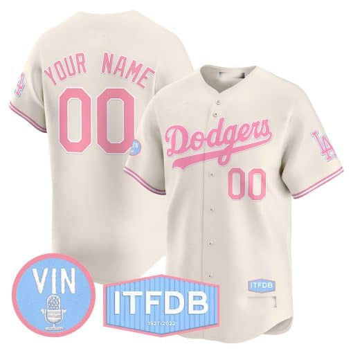 Dodgers Vin ITFDB Patch Bubblegum Pink Vapor Premier Limited Custom Jersey – Cream Baseball Jersey