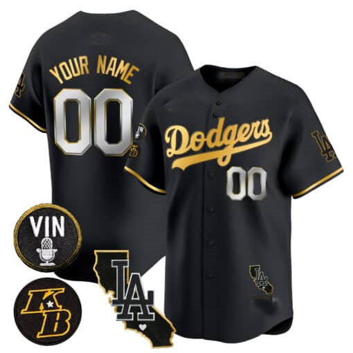 Dodgers Vin Patch & Kobe Bryant Gold Trim Vapor Premier Limited Custom Jersey V2 – All Stitched-Black Baseball Jersey