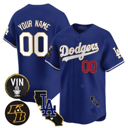Dodgers Vin Patch & Kobe Bryant Gold Trim Vapor Premier Limited Custom Jersey V2 – Royal Baseball Jersey